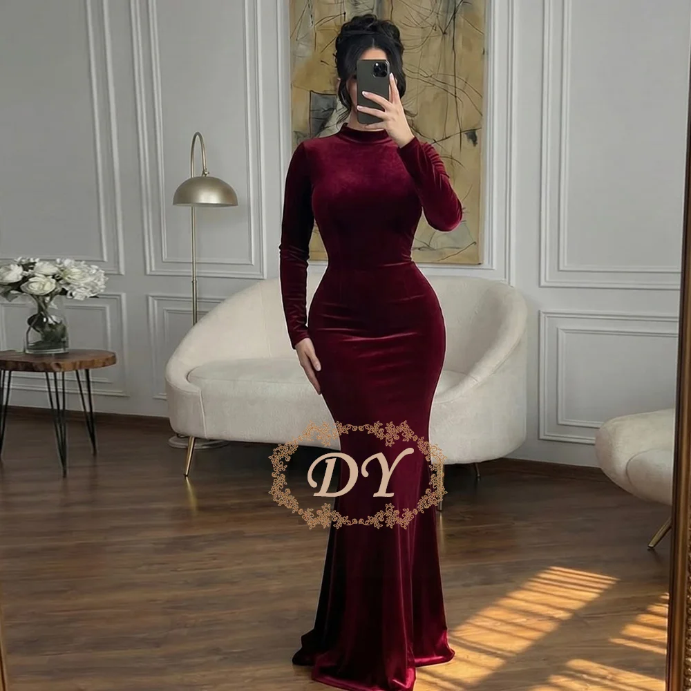 

DY Simple Wine Red Velvet Mermaid Prom Party Dress High Neck Full Sleeves Modest Arabic Formal Evening Gowns 2026 Customized