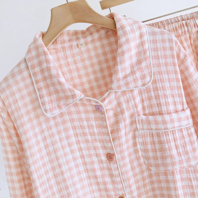 2026 Spring/Summer New Women\'s Sleepwear Long Set 100% Cotton Plaid Long Sleeve Long Pants Two Piece Set Collar Home Clothes
