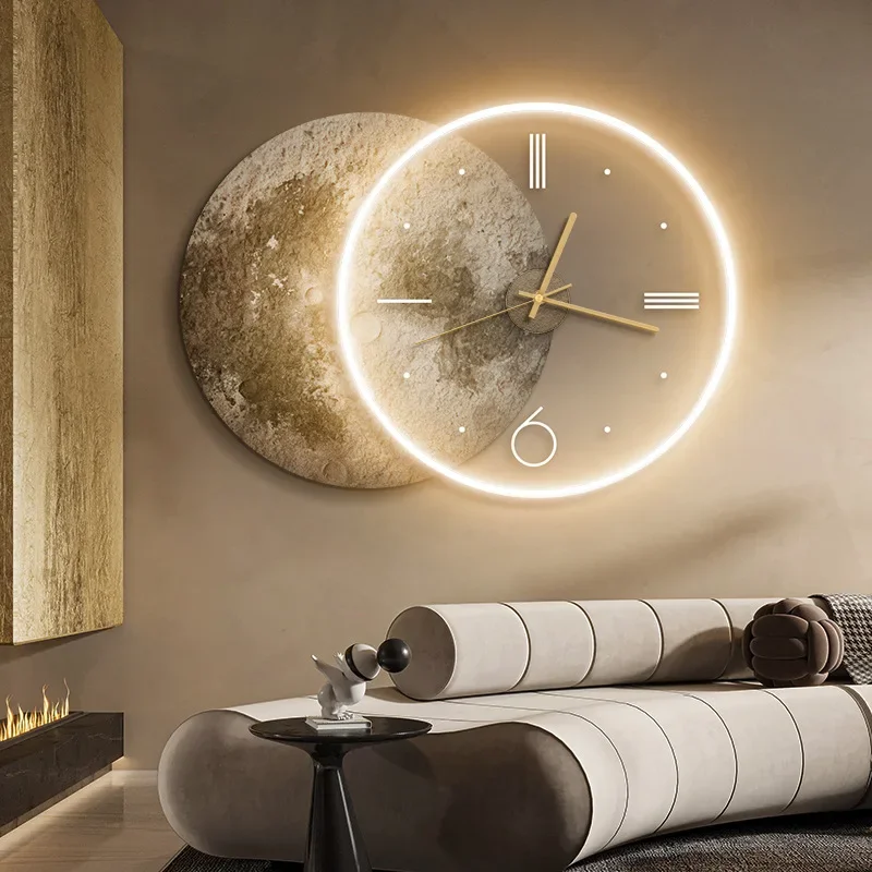 Wabi-sabi wind living room decorative painting moon mural clock combination ambient light  background wall hanging painting