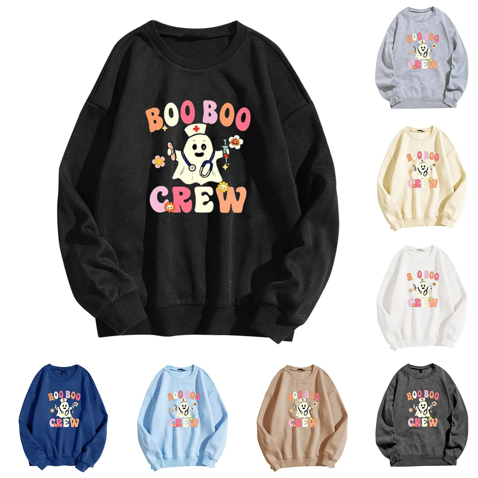 

Ladies Fashion Casual Halloween Cute Print Solid Color Hoodie Light Pullover Sweatshirt Women