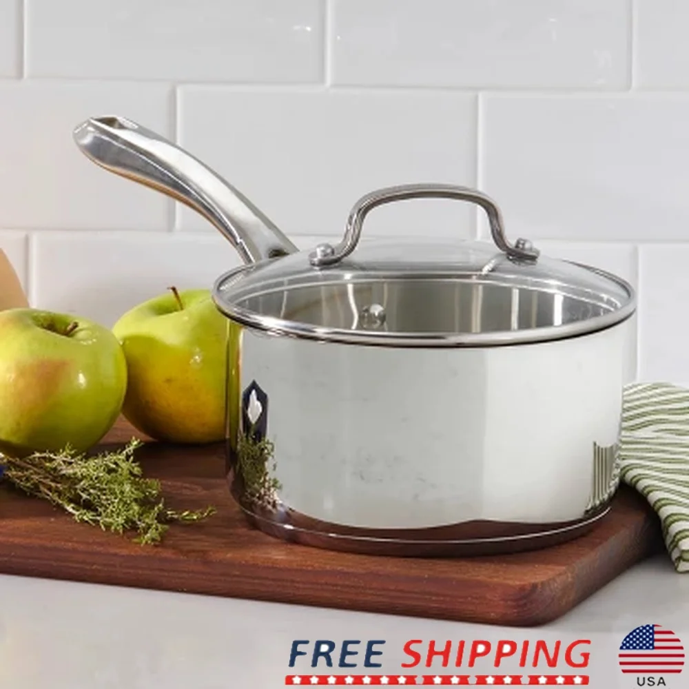 

Classic 2.5qt Stainless Steel Saucepan with Tempered Glass Lid Even Heating Dishwasher Oven Safe Cool Grip Handle Induction