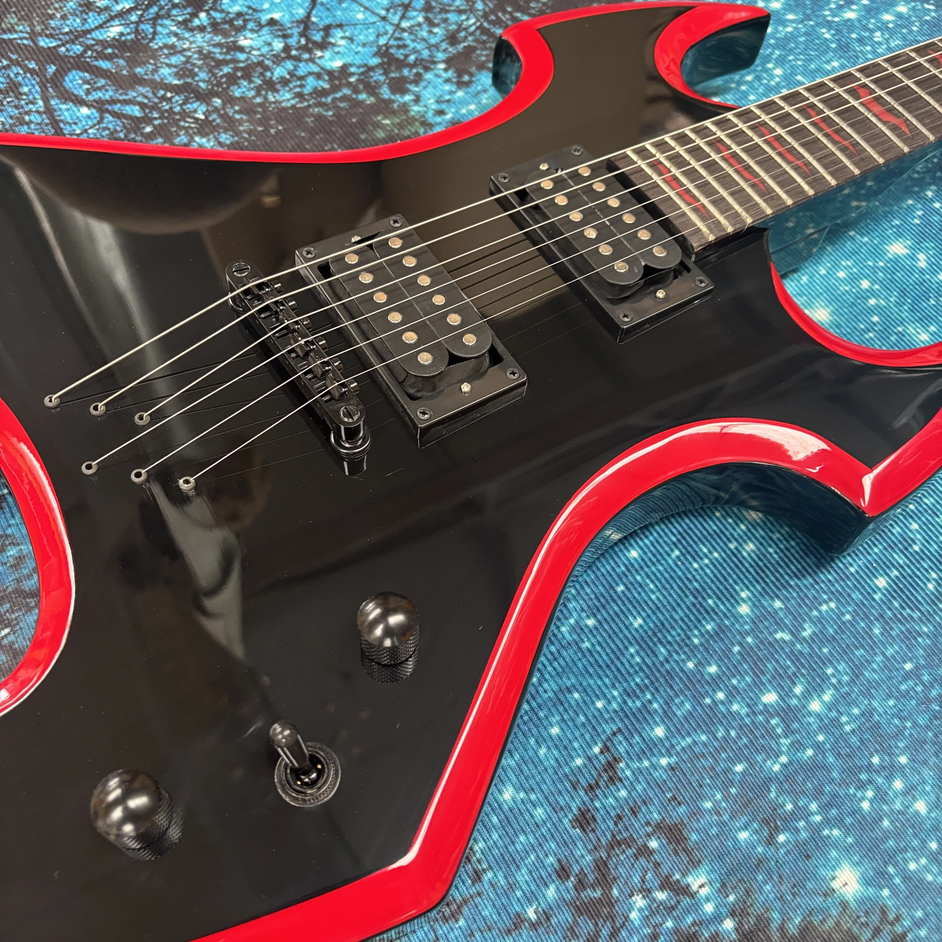 Red-bound electric guitar, rosewood fingerboard guitar with red bat/claw inlay guitars, through-neck electric guitarra view 5