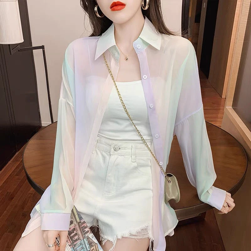 Summer Colorful Shiny Sunscreen Clothing Chiffon Shirt Patchwork Casual Tops Popular Blouse Thin Jacket Trend Loose Street Party