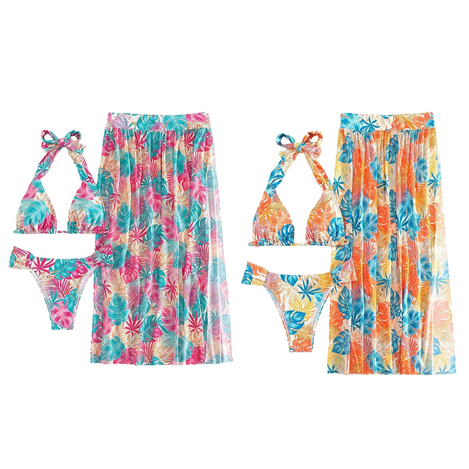 3-teiliges Badeanzug-Set für Damen, Sommer, Damen, Blattmuster, zum Binden, Neckholder, Badeanzug, Tops, Shorts, geteilter Strand-Cover-Up-Rock