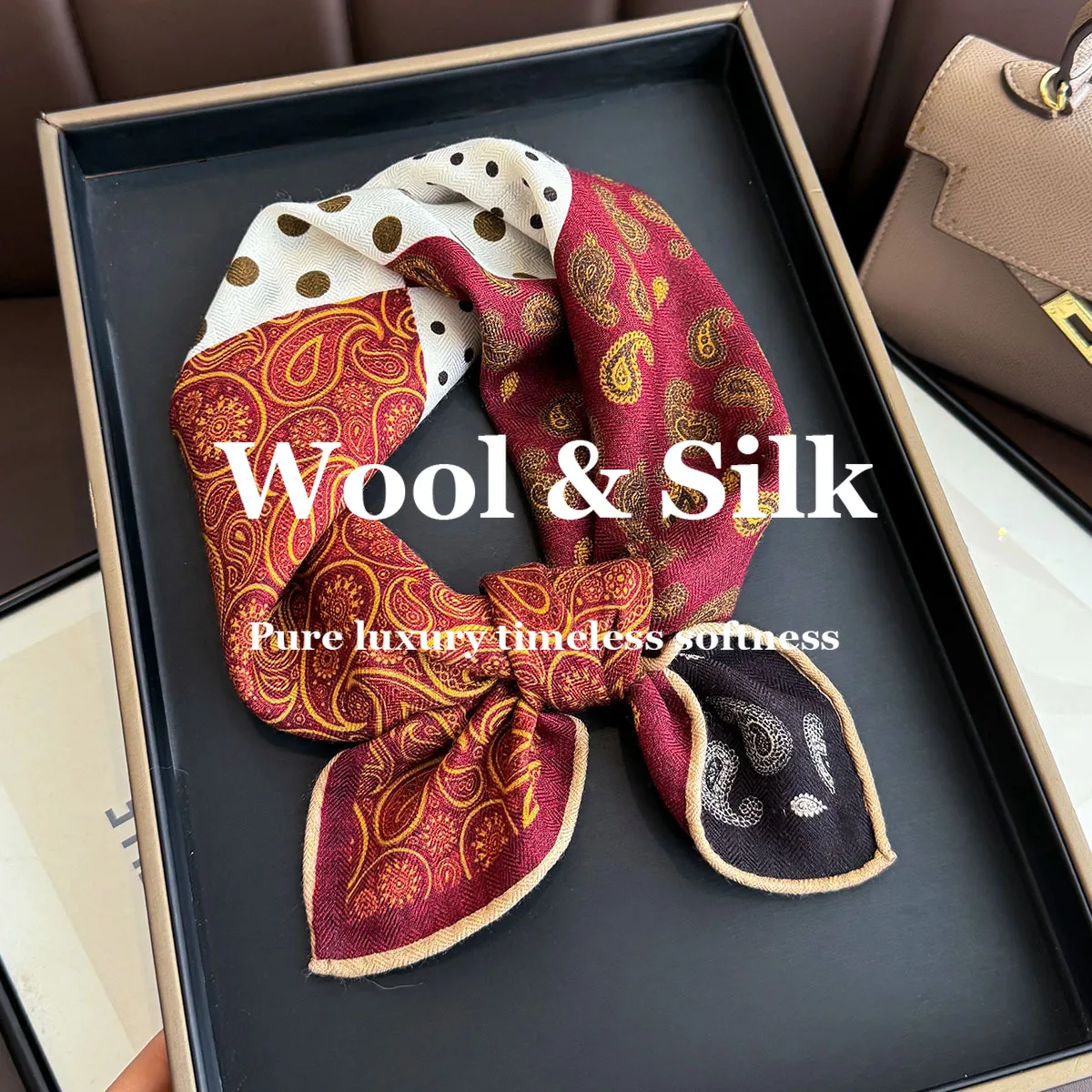 

82% Wool 18% Real Silk Scarf Women 62cm Square Scarf Bandana Fashion Paisley Print Shawl Wrap Scarves Hijabs Headscarf Pashmina