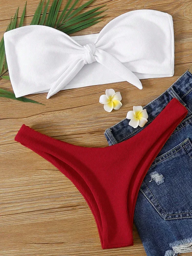 Sexy Strapless Bow Bikini 2 Piece Set Women Split Swimsuit High Waist Beach Vacation Bikini 2026 New Summer Swimwea Bikini Set