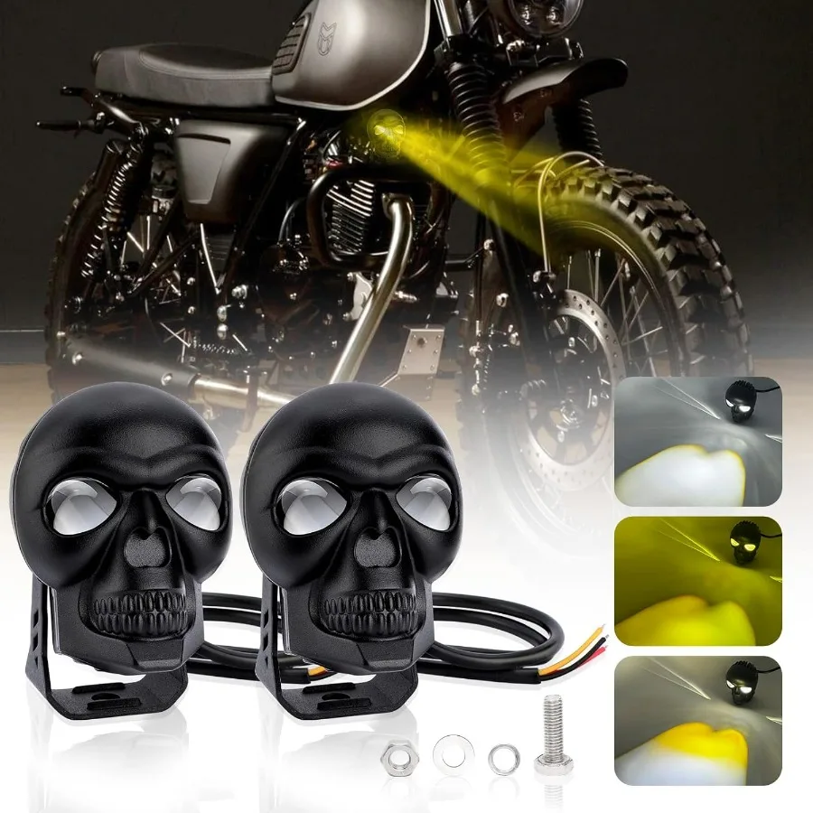 

Skull Motorcycle LED Fog Lights Pod Spotlight Amber White Auxiliary Lighting Skeleton Goth Light Fit Truck Pickup ATV UTV Off Ro