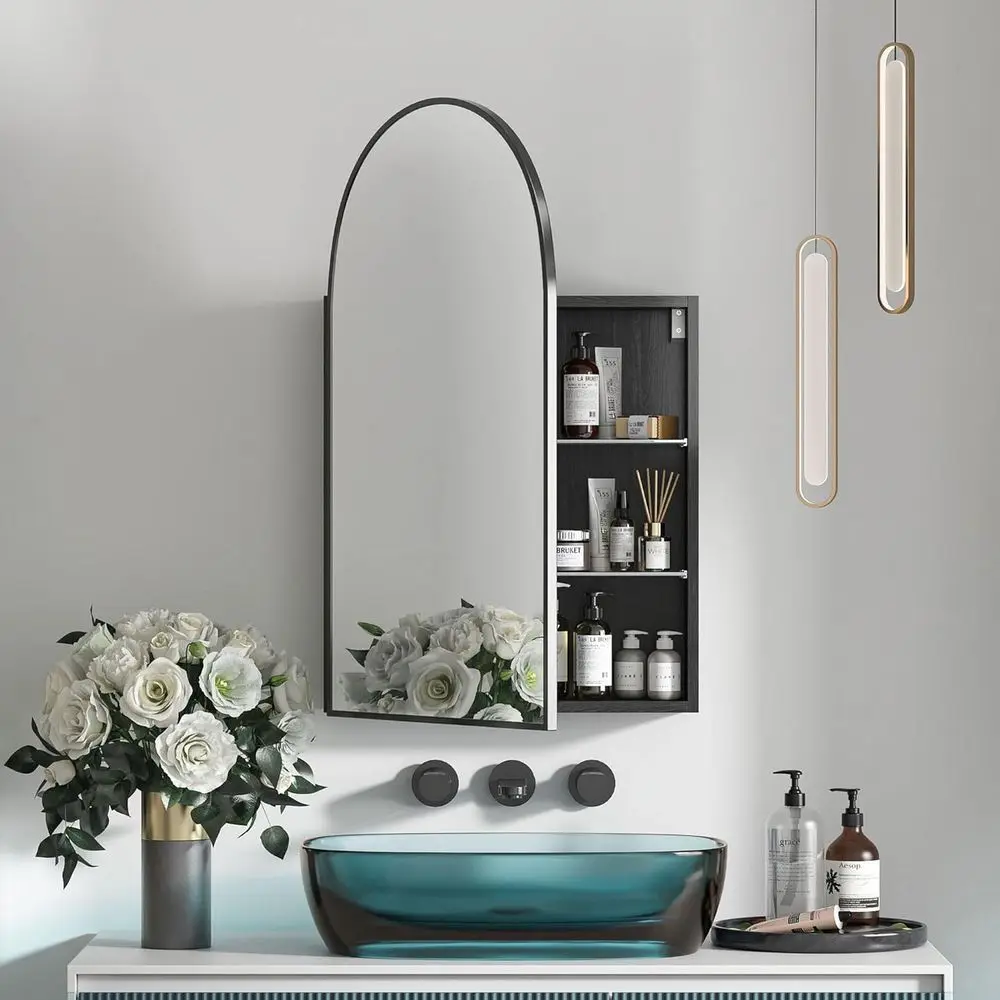 

20x32 Inch Wall-Mounted Arched Bathroom Mirror Cabinet with Brushed Black Finish and Adjustable Shelves