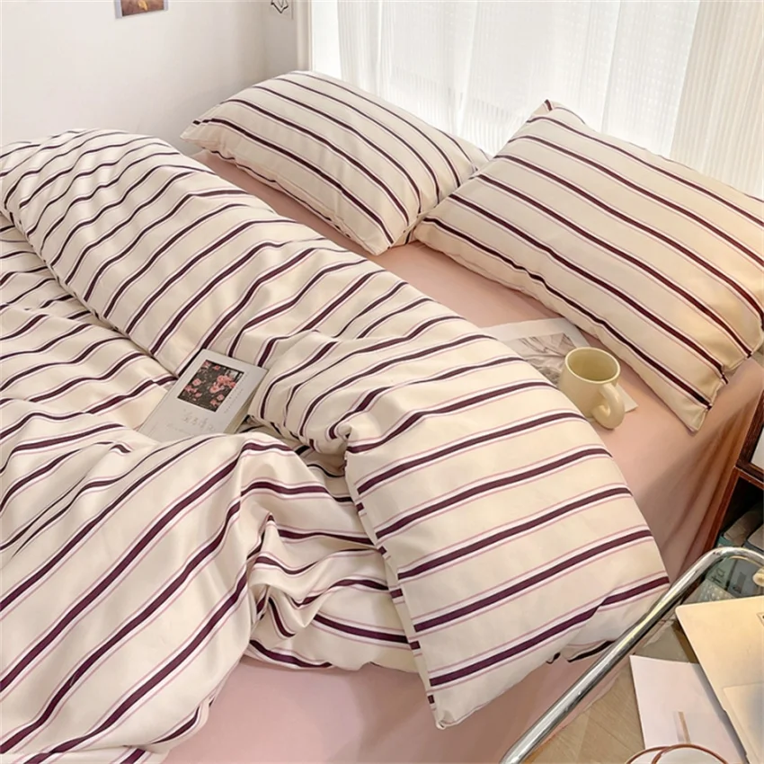 Pure Cotton Home Textile Blue Striped Bedding Set Simple Soft Duvet Cover Sheet Pillowcase Ins Style Bed Linens Queen King Size