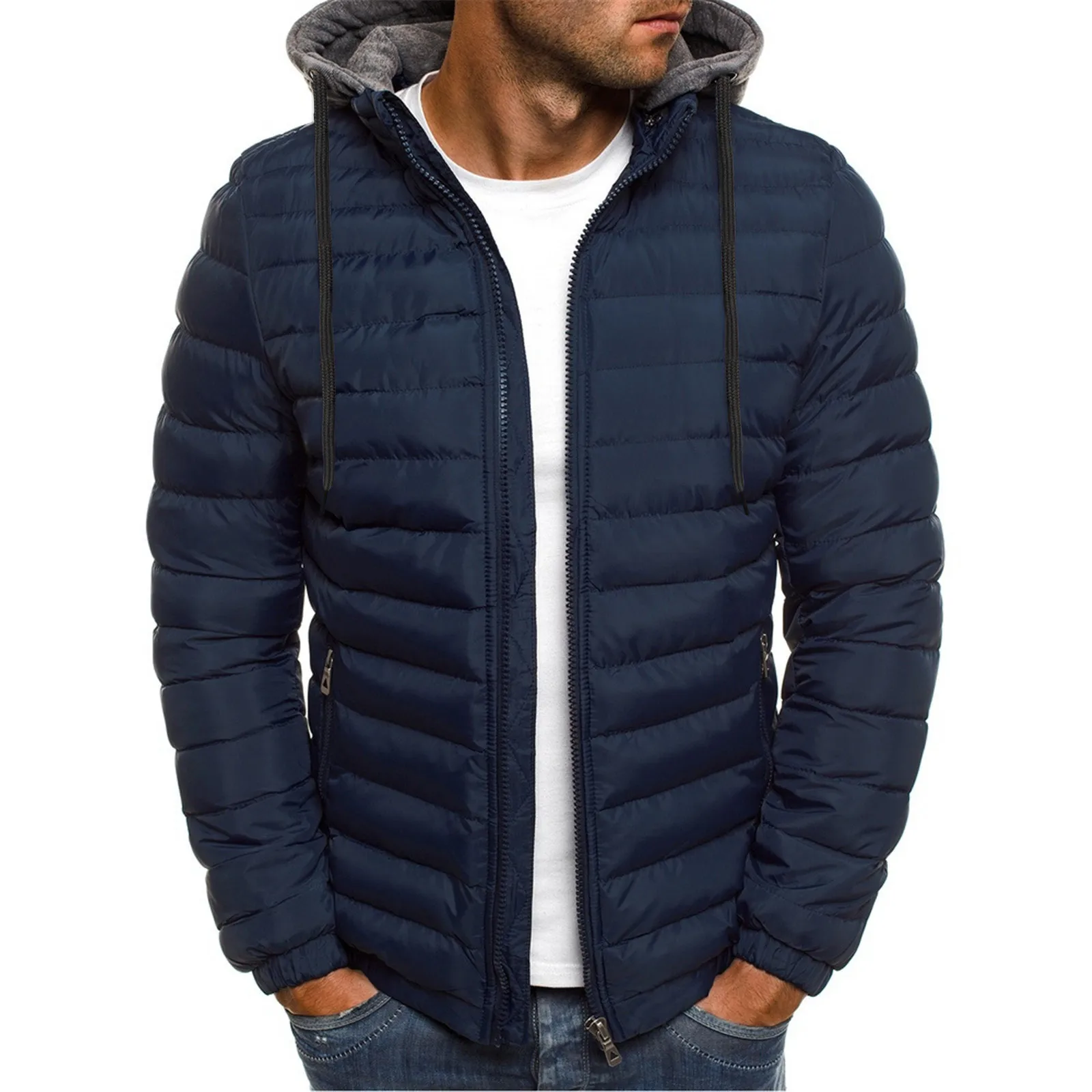 Men\'s Winter Warm Hooded Zipper Jacket Fake 2 Piece Down Coat Windproof Slim Outwear Parkas 2024 Plus Size Chamarras Para Hombre