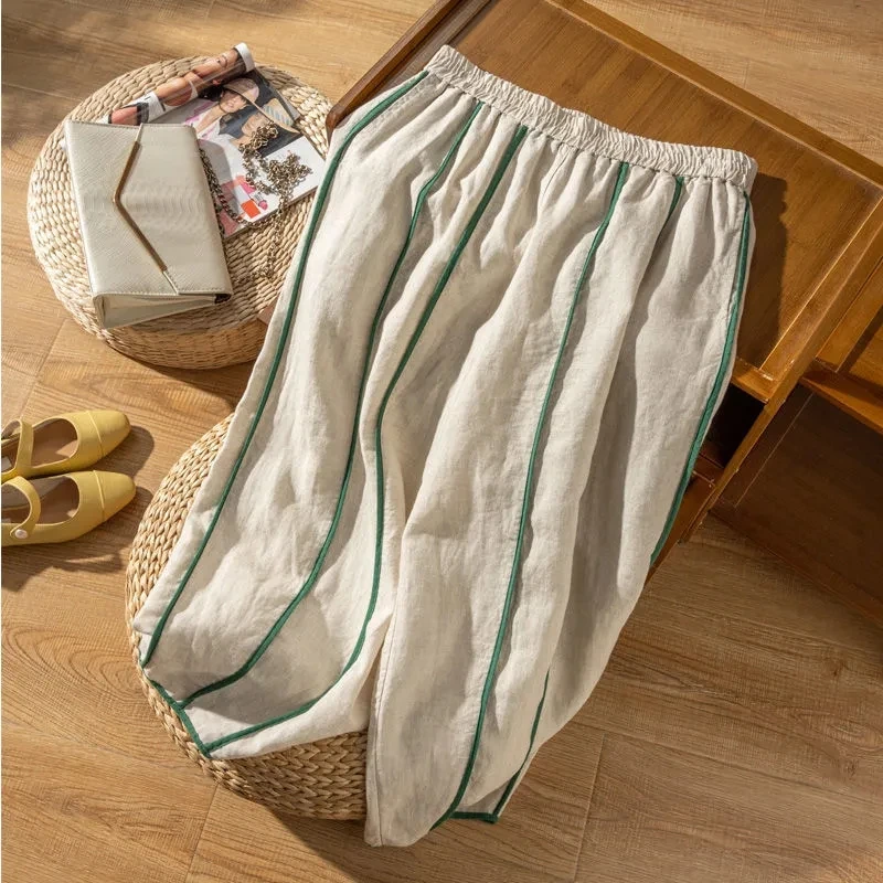 Bright Line Decoration Elastic High Waist Bloomers Loose Wide Leg Women\'s Pants Korean Fashion Ankle-Length Pants For Women 2024