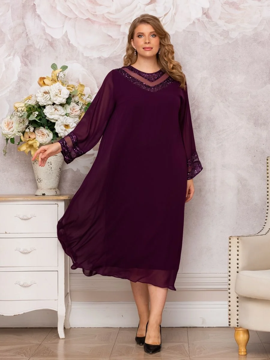 Plus Size Women Dresses Fashion O Neck Loose-fitting Long Sleeve Sequin Lace Patchwork Chiffon Dress for Party Banquet Vestidos