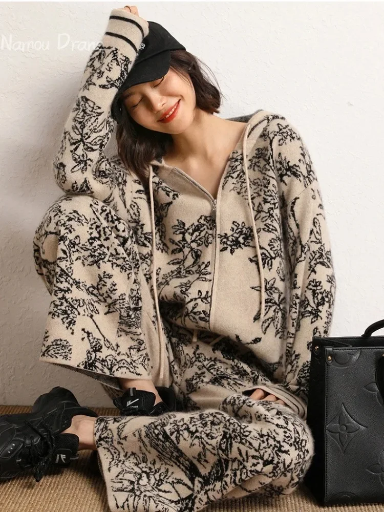 Vintage Print Knit 2 Piece Sets Women Casual Knitwear Hooded Zipper Sweatshirts Coats Conjunto High Waist Wide Leg Pants Suits