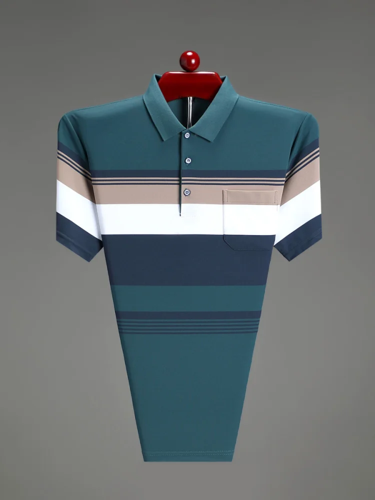 

Свободная хлопковая футболка в полоску из ледяного шелка ort Sve irt для мужчин среднего возраста Busin Casual Sle, дышащая летняя футболка