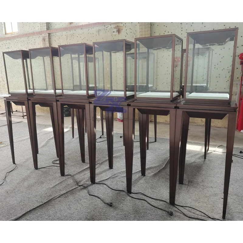 Présentoir de bijoux en acier inoxydable brossé PVD haut de gamme, vitrine en verre, raccords de bijouterie