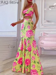 Women Sexy Floral Print Crop Top & High Waist Ruched Skirt Set