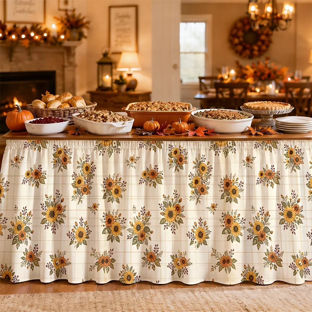 One table skirt with printed polyester, featuring a retro floral design in a country style,depicting sunflowers in a beige color