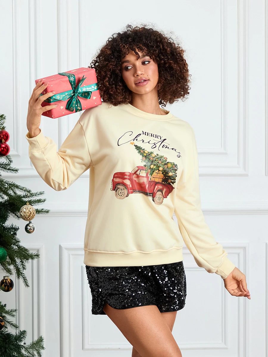 ผู้หญิงเสื้อสเวตเตอร์คริสต์มาสแขนยาวคอลูกเรือรถบรรทุกต้นไม้พิมพ์เสื้อสวมหัวมีฮู้ดสําหรับลําลองทุกวัน