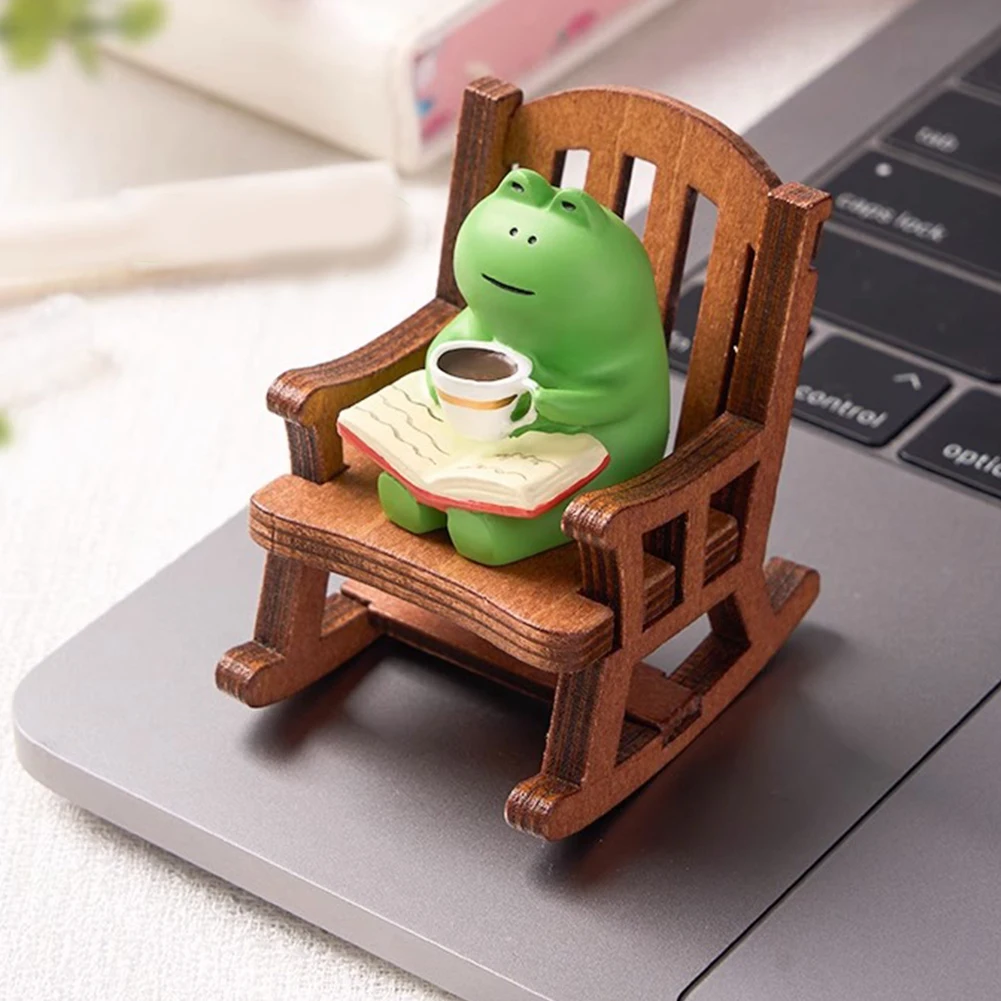 Cartoon Frog Animal Statue Resin Drinking Coffee Frog Micro Landscape Creative Funny Frog Reading Sculpture Gift for Frog Lovers