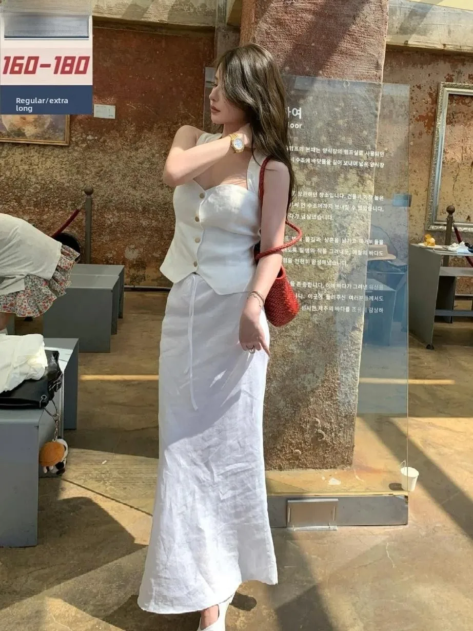 

Extended Length Linen f Skirt Women's High Waist Dra Long Split Skirt Korean Sle Commute Pure Color A-Line Skirt