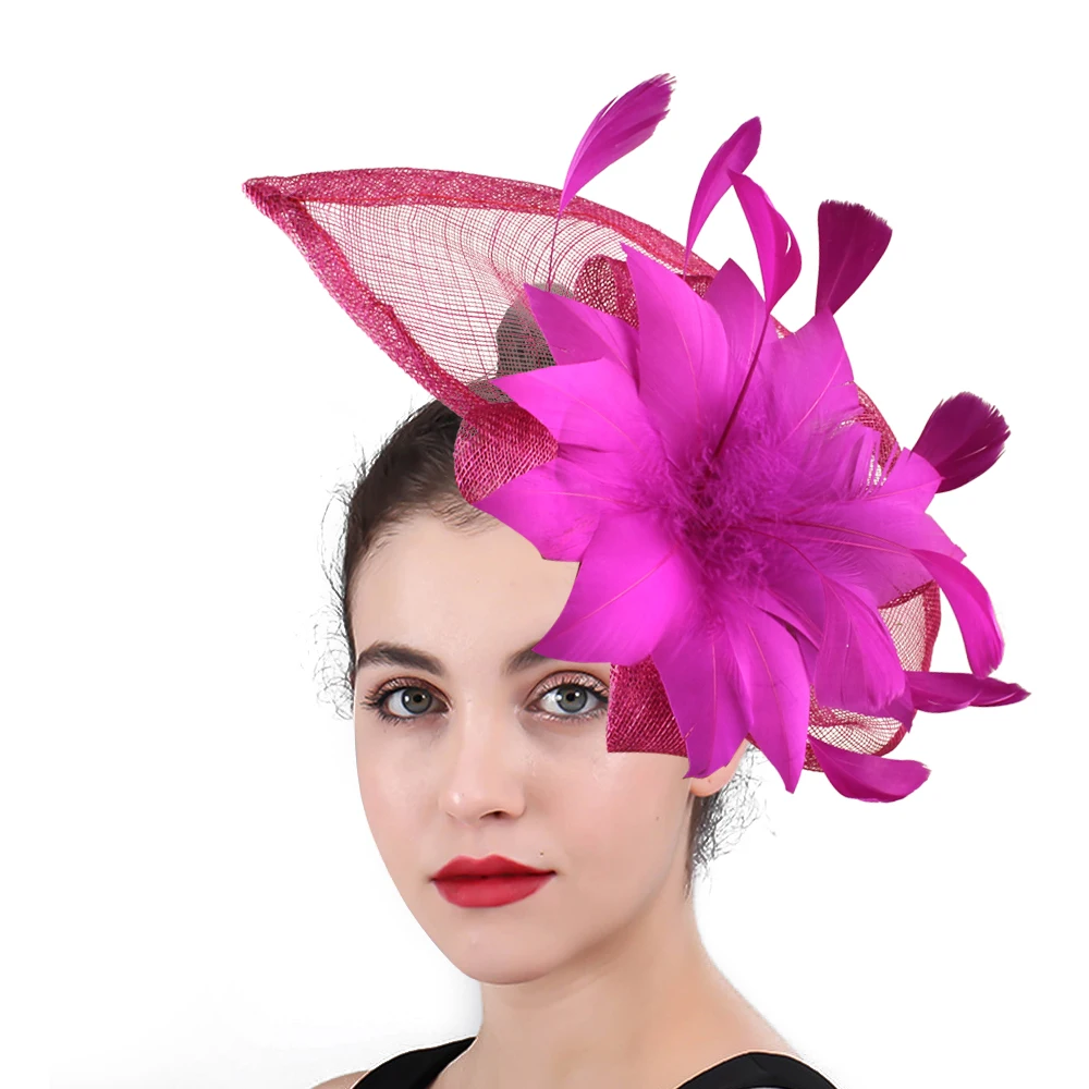 High Quality Magenta Millinery Cocktail Hats Sinamay Base With Feather Flower Fascinator Hair Accessories Occasion Wedding Hats