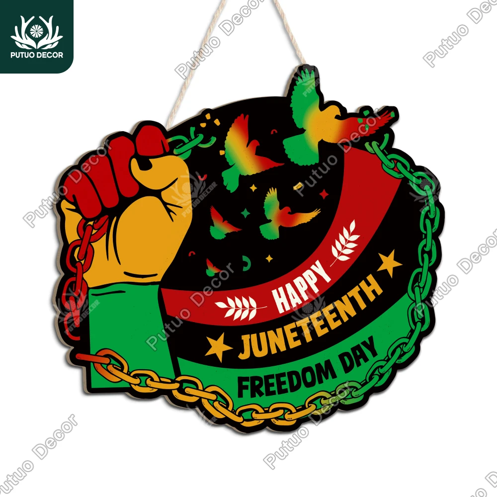 

Putuo Decor 1pc Wooden Hanging Plaque Decor, Wall Art Decoration for Cafe Shop Bar Club， Happy Juneteenth Freedom Day