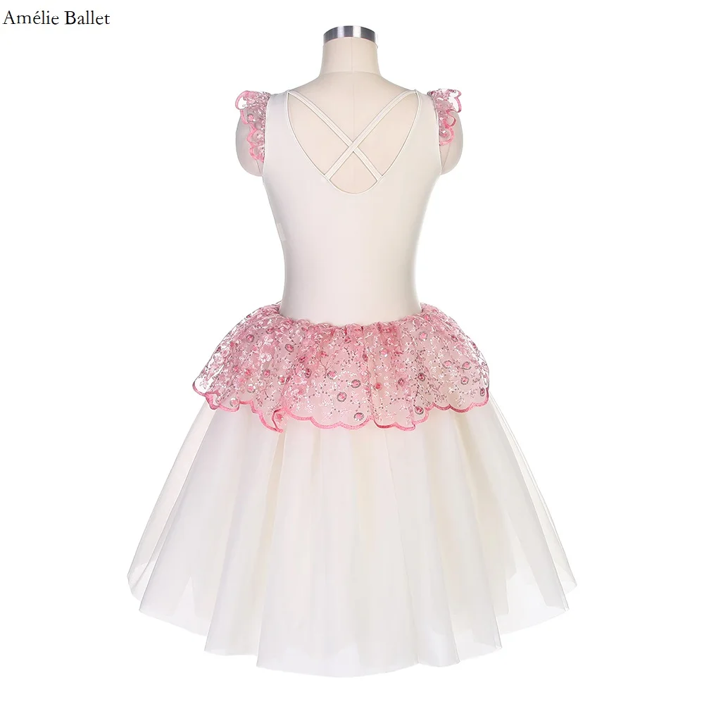 22080 Ivory Spandex Bodice with Pink Sequin Lace Trim Romantic Length Tutu Skirt Adult Child Stage Performance Ballet Tutu