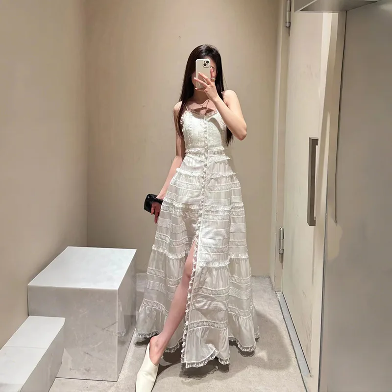 

Ele Lace Splicing Single Button Multi-Layer Strap Long Dr for Women Summer 2025 Commute Sle Svel Other Material