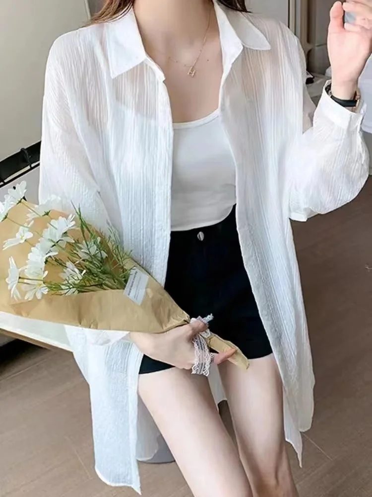 Zomer high-end een chiffon dameszonbeschermingskleding met riemvest top Koreaanse sle-kraag lange Sve losse pasvorm