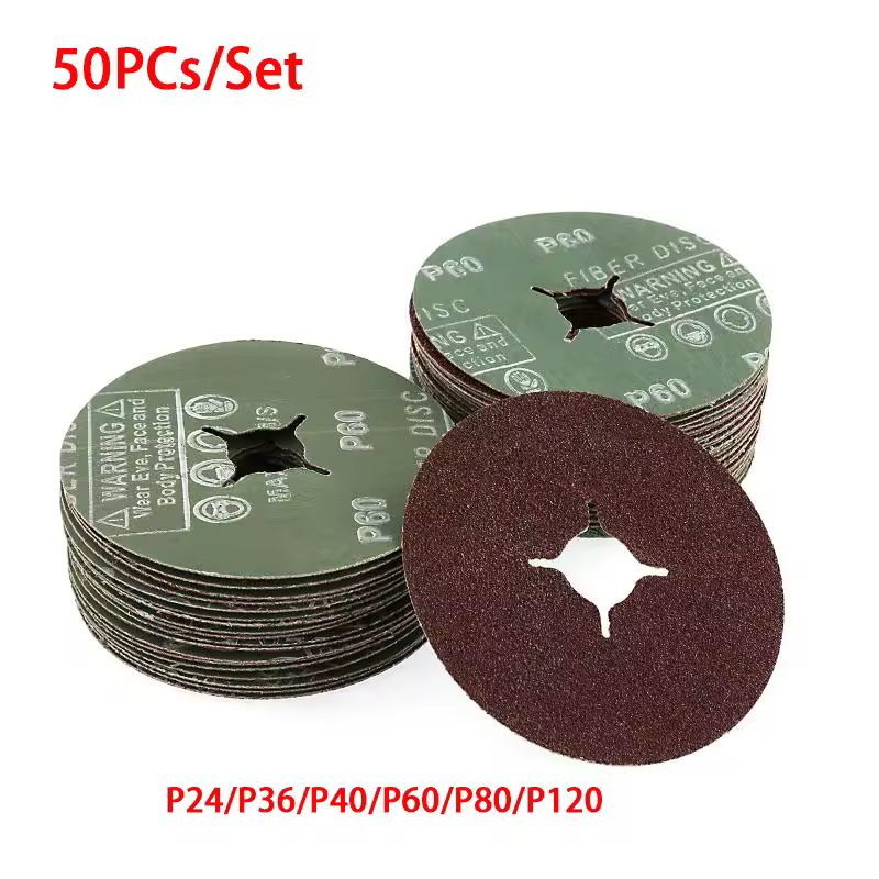 50PCs Fiber Sandpaper Abrasive Sanding Disc P24 P36 P40 P60 P80 P120 Cross Hole Red Steel Sandpaper Disc for Woodworking Mental
