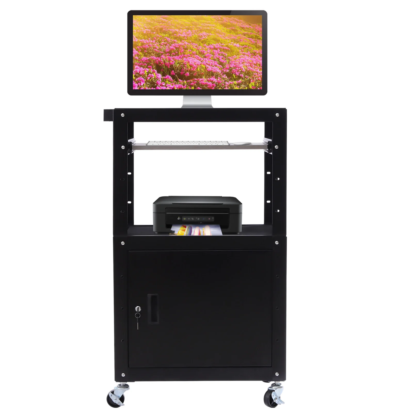 AV Cart Media Cart, Black Adjustable Height Metal Cart with Pullout Keyboard Tray & Locking Cabinet,Portable Utility Cart