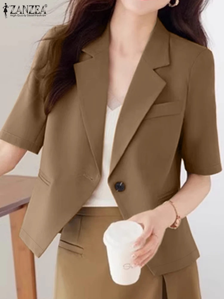 Elegant Short Sleeve Crop Tops 2024 ZANZEA Summer Blazer Women Fashion Lapel Neck OL Work Suits Cardigan Stylish Solid Blouses