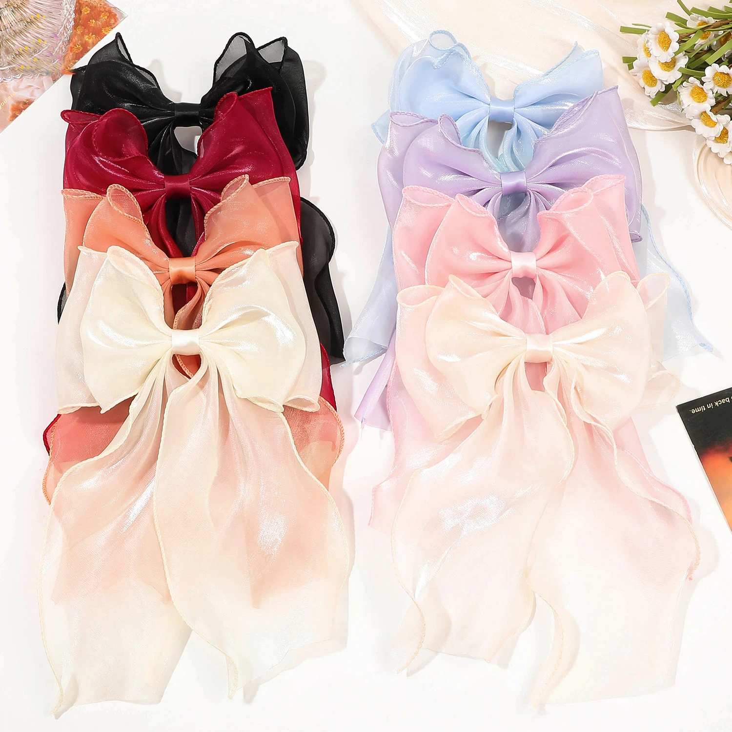 

2Pcs Candy Color Korean Retro Houndstooth Mesh Ribbon Bow Sweet Hairpin Big Bow Hair Clip Ponytail Fahion Hair Accessories