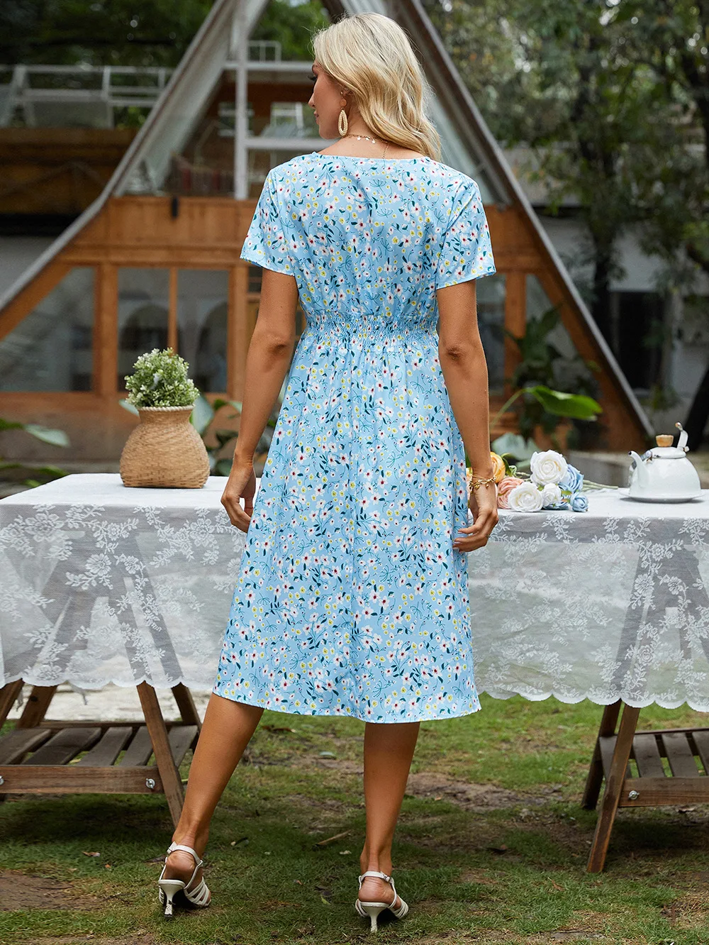 Midi Kleid Pflanzen Blumen gedruckt Böhmen kurze Ärmel V-Ausschnitt Tunika elastische Taille eine Linie Sommer Herbst Winter xl