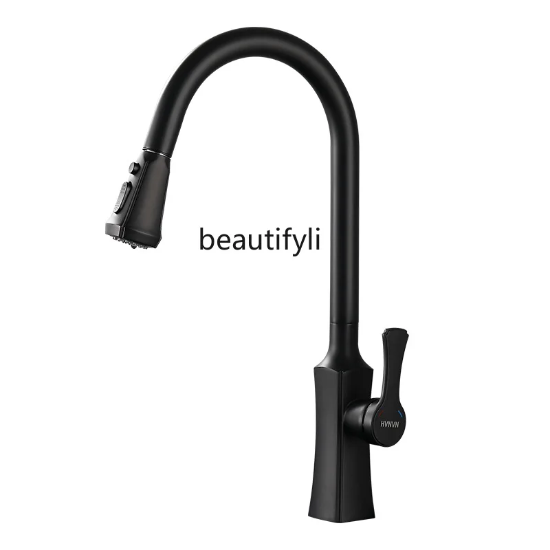 Bathroom Copper Nordic Matte Kitchen Faucet Household Sink Kitchen Sink Black Pull-out Rotating Faucet