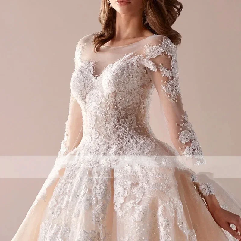 Luxurious Champagne A-Line Lace Decal Women's Wedding Dress Sexy V-Neck Backless Long Sleeved Ballroom Bride Dress Customized