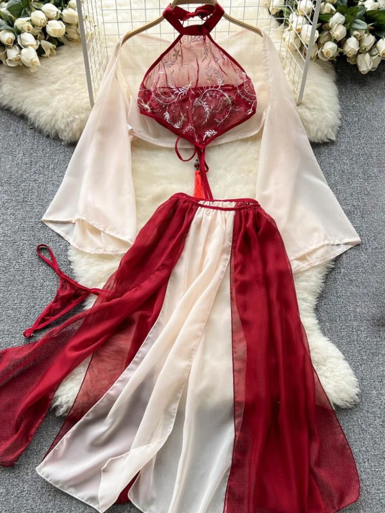 Red Chinese Traditional Perspective Lingerie Cosplay Soft Women Robe Chemise Chiffon Sleepwear Sexy Nightdress Hanfu Fairy Dress