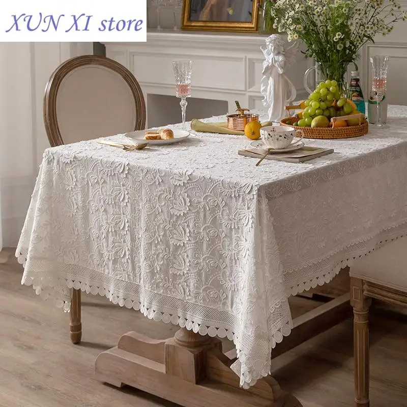 New Luxury Lace Tablecloth Living Room Bedroom Cover Table Party Table Cloth American White Embroider Table Decoration