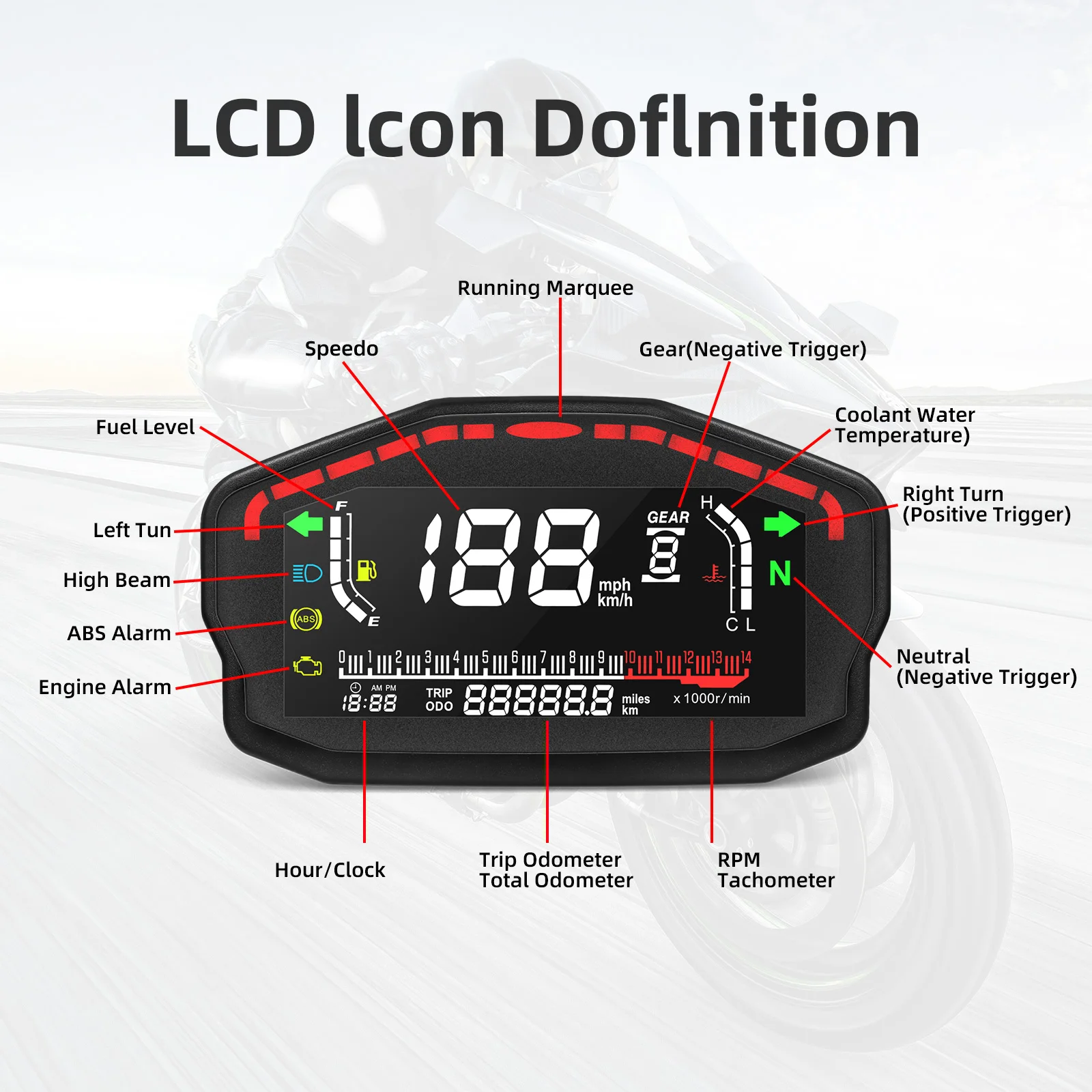 Universal Digital Motorcycle Dash Panel LCD Dashboard 0~14000r/min Speedometer Odometer Tachometer for 2,4 Cylinder Motor Custom