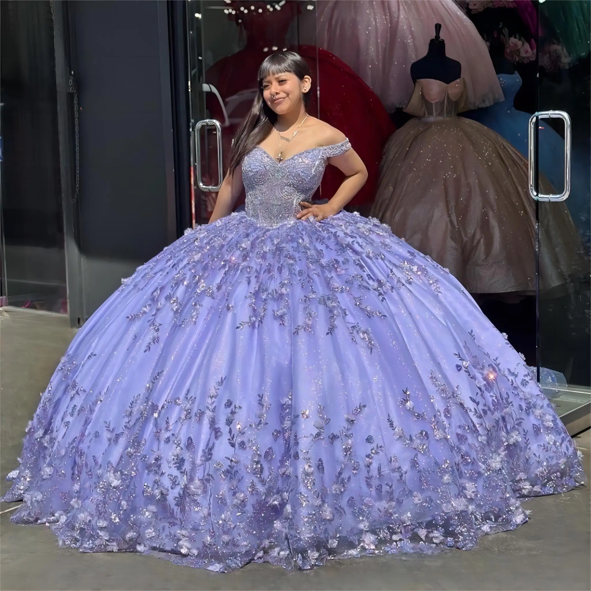 Vestido De encaje con cuentas De cristal y purpurina Lila, flores 3D, Princesa, quinceañera, tren escalonado desmontable, 15 Años