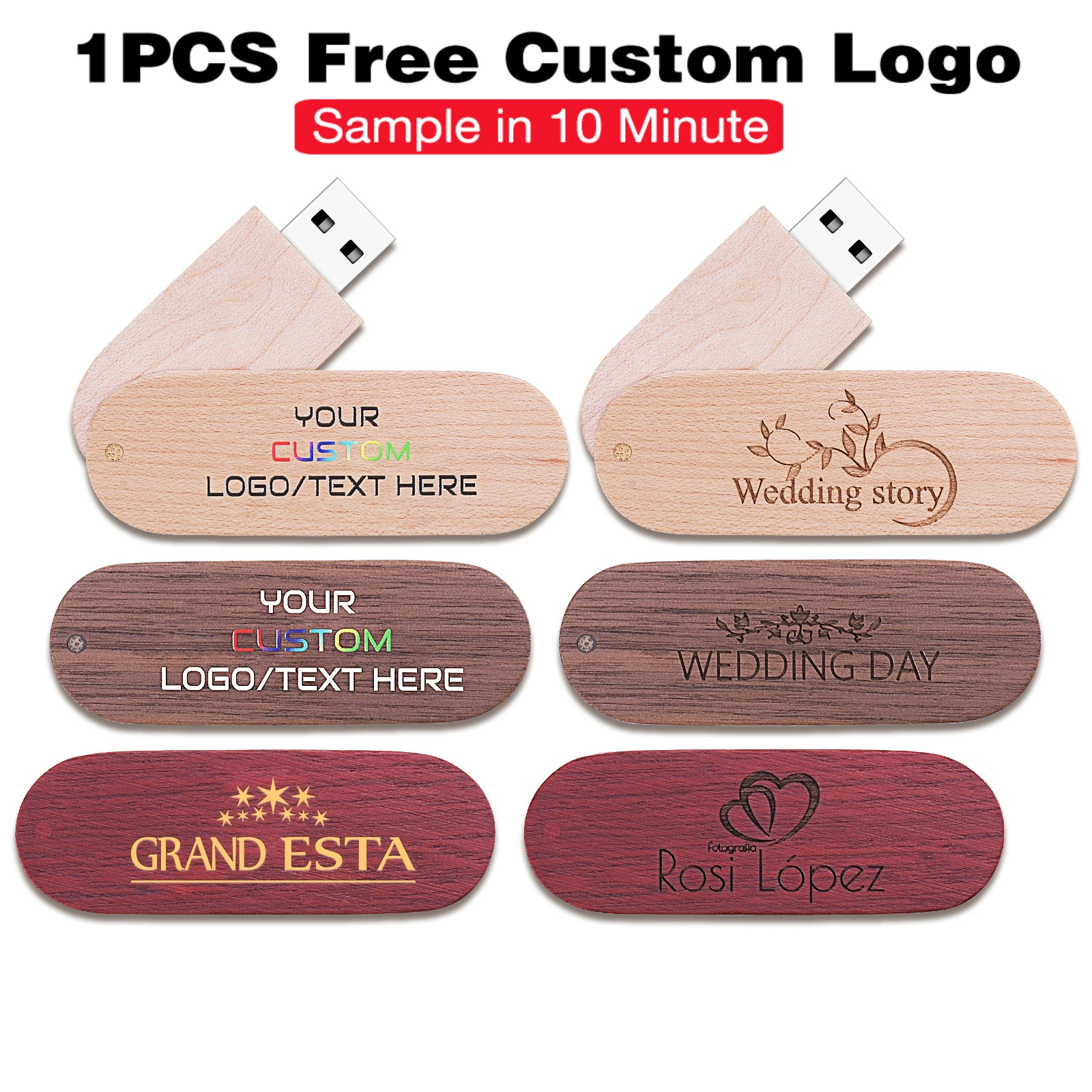 Free Custom Logo USB Flash Drive 128GB Rotatable Wooden Pen Drive 64GB Business Gift Pendrive 32GB Key Chain Memory Stick U Disk