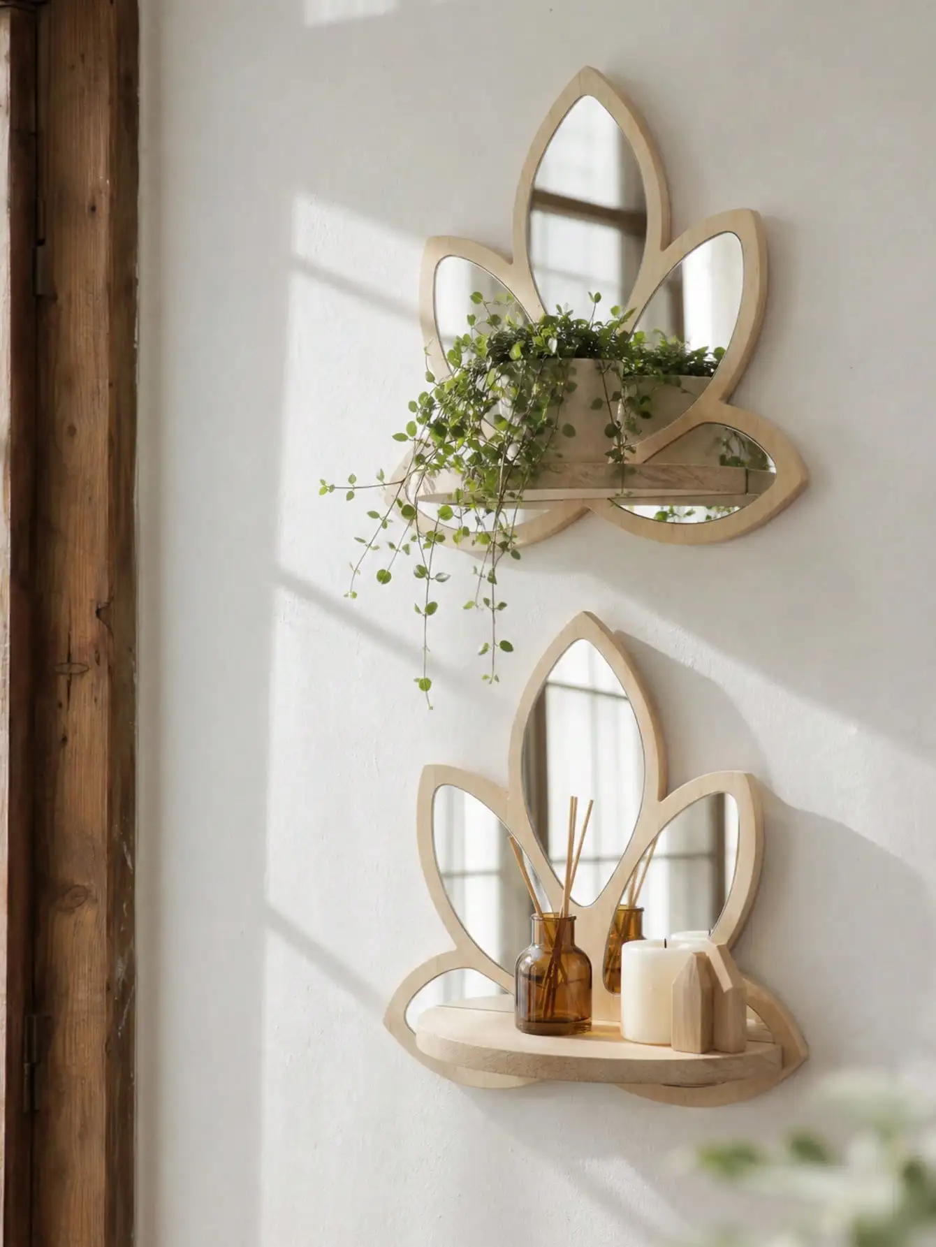 Lotus Petal Mirror Floating Wall Shelf, Bohemian Neutral Aesthetic Wall Hanging Mirror Storage Rack