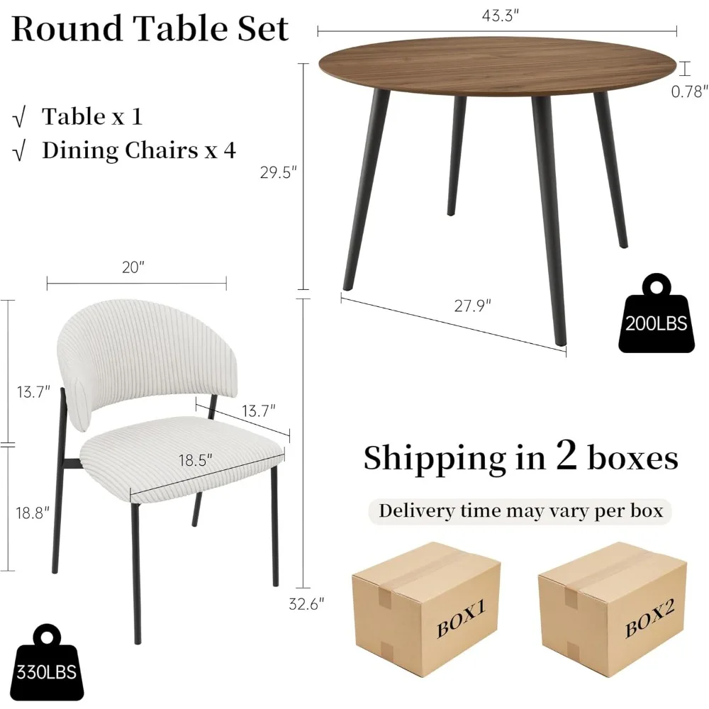 43.3 Inch Round Dining Table Set for 4, Modern Small Kitchen Coffee Set for Dining Room Kitchen Apartment (Walnut Table + 4 Whit