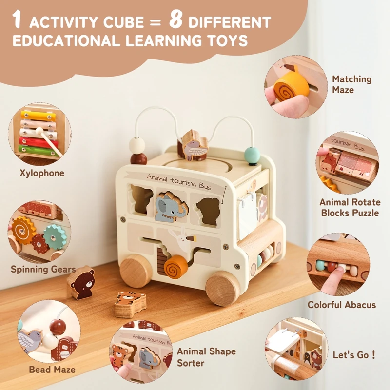 Baby Wooden Montessori Toy Baby Five-in-on Car Toy Polyhedron Busy Bus Toy Kids Early Education Hand Brain Sense Organ Toys Gift