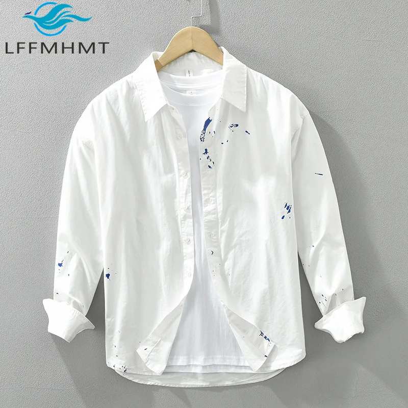 

7239 Creative Ink Splash Casual Shirt Men's Spring Fall Fashion 100% Cotton Premium Long Sleeve Loose Leisure Daily Blouse Male