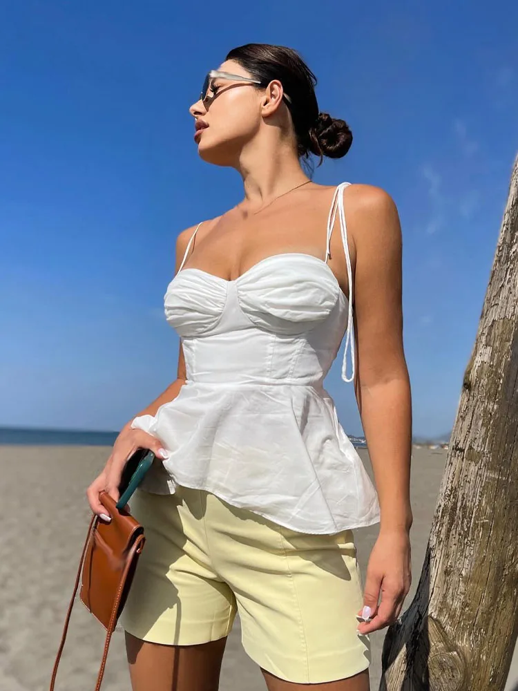 

TRAFZA женский модный сексуальный плиссированный корсет с боковой молнией 2025, стильный топ на бретельках, женский повседневный однотонный короткий топ без рукавов с открытой спиной