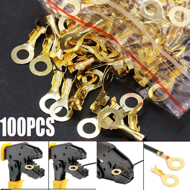 100PCS Ring Crimp Terminal Lugs Electrical Wire Cable Connectors Gold Brass O-Shoe Type Plug for Splice Screw M3 M4 M5 M6 M8 M10