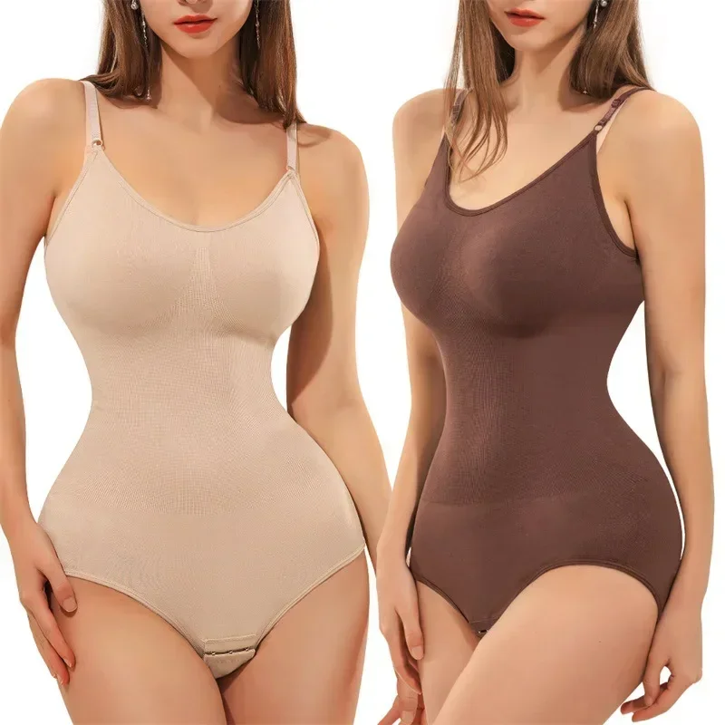 

New Women V Neck Spaghetti Strap Bodysuits Compression BodySuits Open Crotch Shapewear Slimming Body Shaper Smooth Out Bodysuit