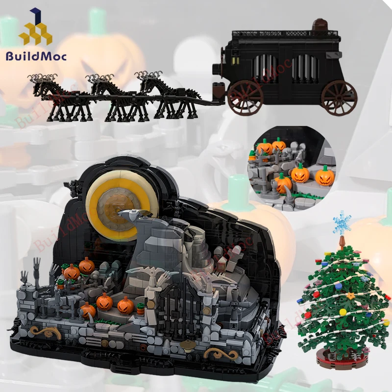 

BuildMoc Halloween Pumpkin Nightmare Spiral Hill Building Blocks Set Christmas Horror Magic Ghost Skeleton House Toys Xmas Gifts