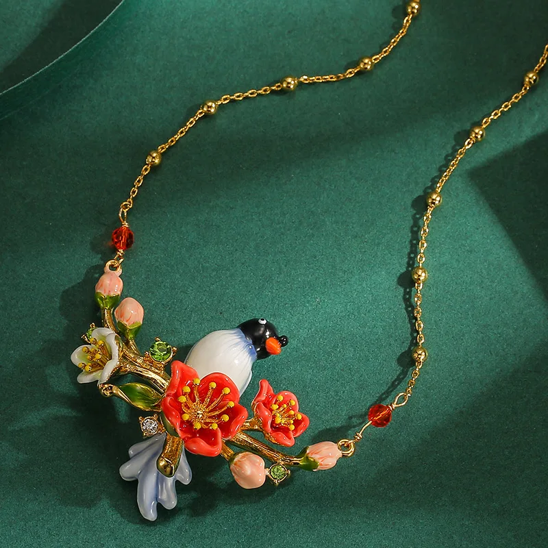 

Cross-border New Design Atmospheric Fashion Enamel Glaze News Bird Red Flower Pendant Clavicle Chain Necklace Jewelry for Women